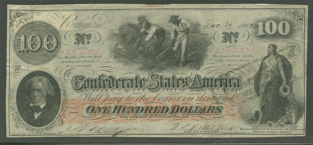 CSA, December 18, 1862 $100 Confederate Note, AU (cc), 154253
